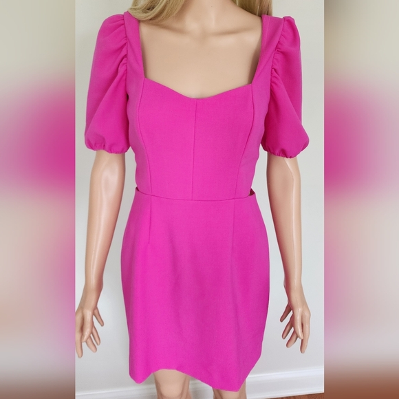 FRENCH CONNECTION HOT PINK FUCHSIA LINED FITTED CUTOUT MINI SHORT DRESS 6 - Picture 11 of 14